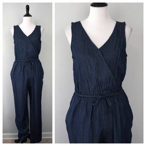 KORI AMERICA Blue Denim Faux Wrap Sleeveless Belted Romper Jumpsuit Size Small